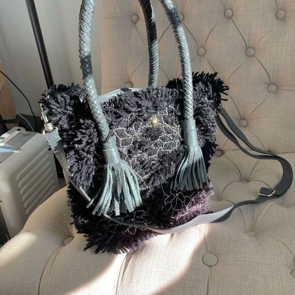 IBBAN handmade boho Wool leather crossbody bag gray black - Picture 1 of 9